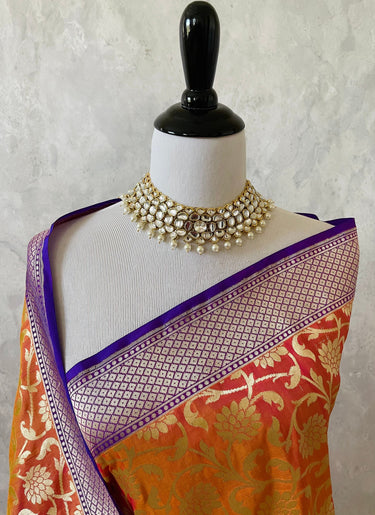 Banarasi Katan Pure Silk Saree | Pink-Orange | Skirt Border | Handwoven | Ships from California